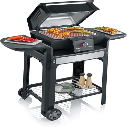 SEVERIN SEVO GTS Barbecue elettrico con coperchio e base per interni ed esterni, Griglia elettrica con avvio rapido fino a 500 °C, Grill elettrico 3000W, acciaio inox/nero, PG 8107